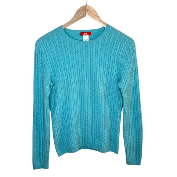 Anne Klein Sport Vintage Womens Cable Knit Cashmere Sweater Turquoise Blue Large - Picture 1 of 11